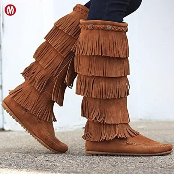 Minnetonka Shoes - Minnetonka Tall Suede Boots with Fringe EUC